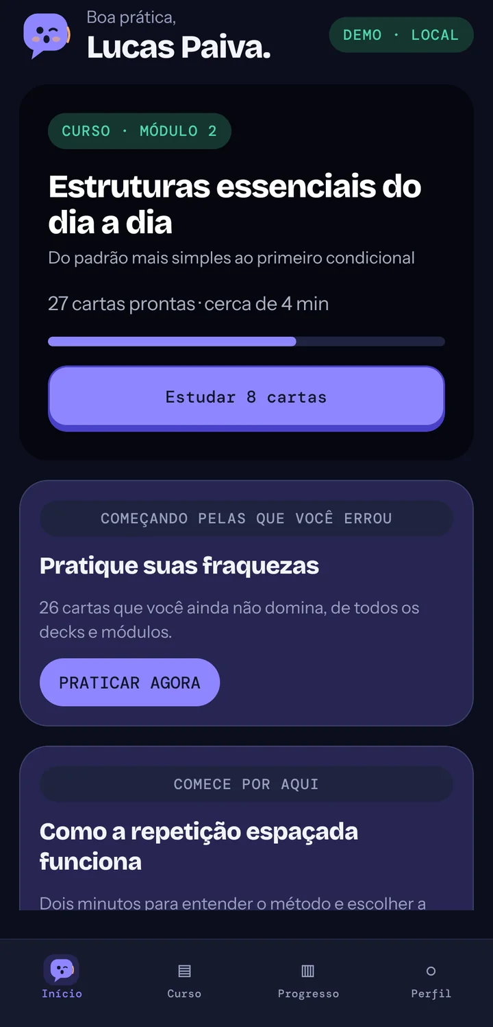Início do Destrava no tema escuro, com o módulo do curso em andamento e a prática das cartas mais difíceis.